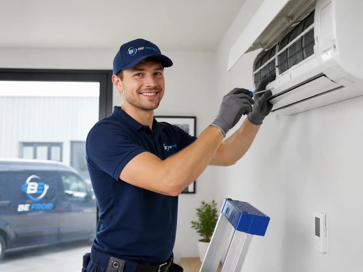 Technicien BE Froid, casquette et polo de l'entreprise, ouvrant une unité intérieure de climatisation